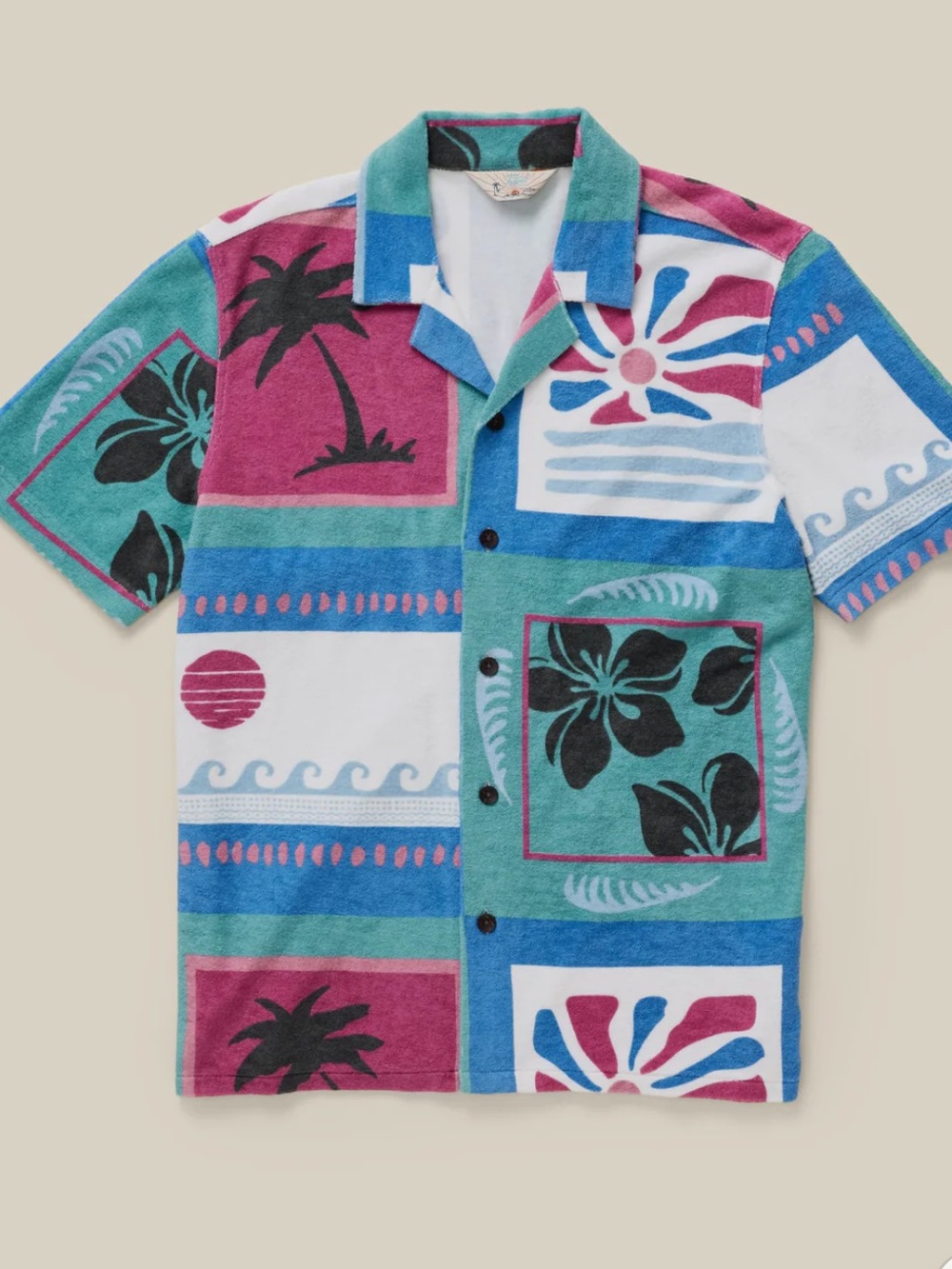 Faherty Men Towel Terry Shirt Summer Waves Tile LARGE NWT